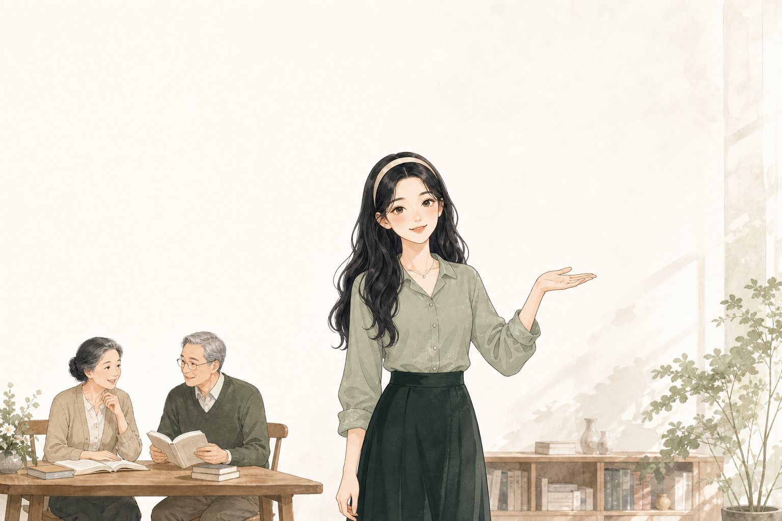 白艾莉小姐与两位学习者在书桌旁交流